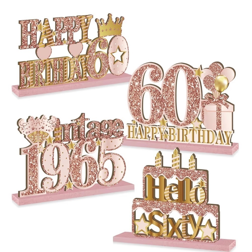 60th Birthday Pink Rose Gold Happy Birthday Party Wood Glitter Centerpieces EUC
